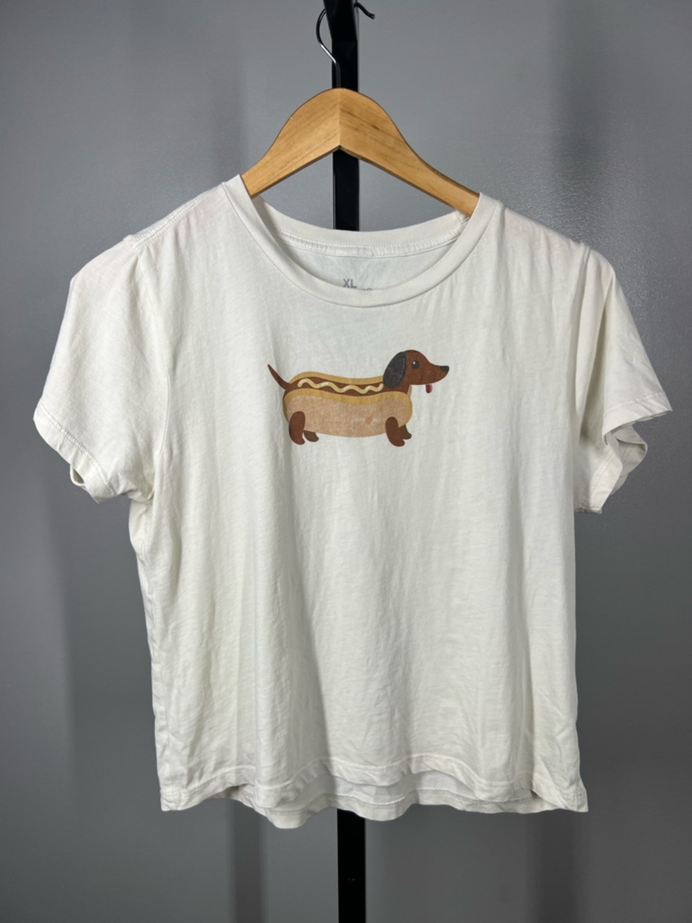 Goodie Two Sleeves Ivory Short Sleeve Tee with Dachshund Hot Dog Graphic